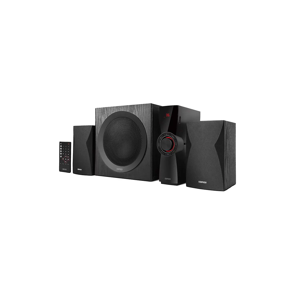 Schwarzes Edifier 2.1 Lautsprechersystem mit Subwoofer, zwei Satelliten, einem Steuerelement und Fernbedienung.