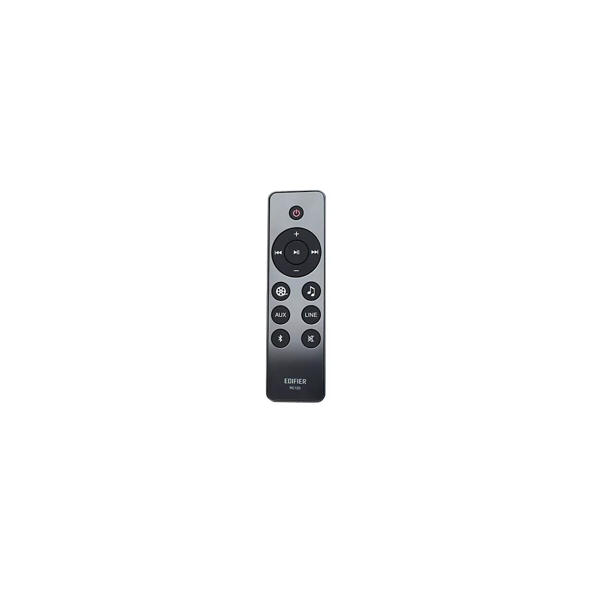 Graue Edifier RC120 Fernbedienung mit Tasten für Wiedergabe, Lautstärke, Eingänge und Bluetooth vor weißem Hintergrund.