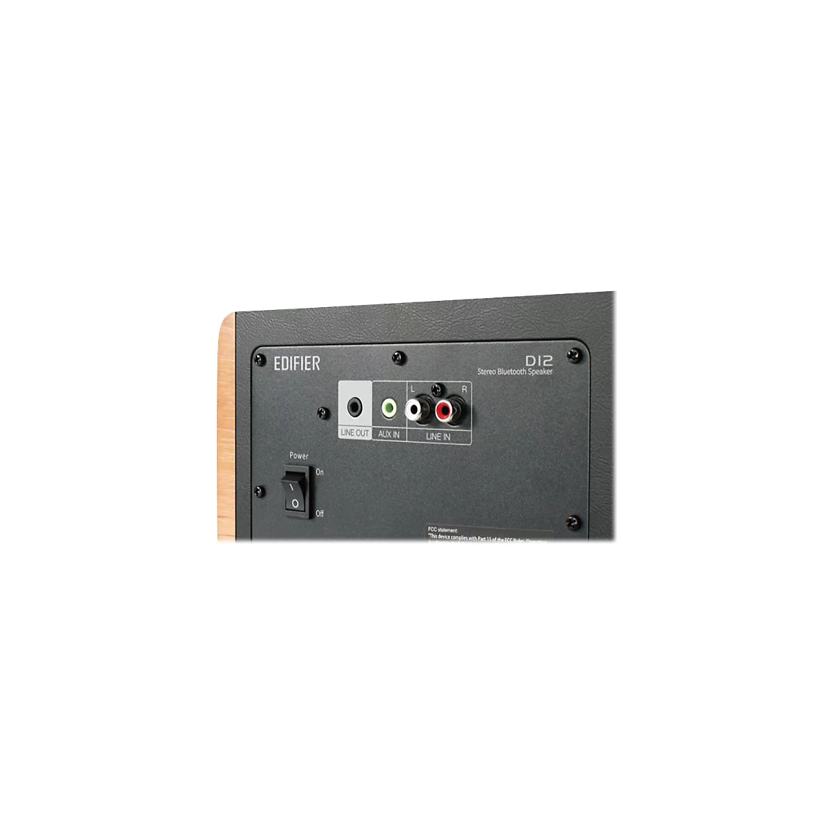 Rückseite des Edifier D12 Lautsprechers mit Anschlüssen für Line Out, Aux In und Line In sowie einem Power-Schalter.