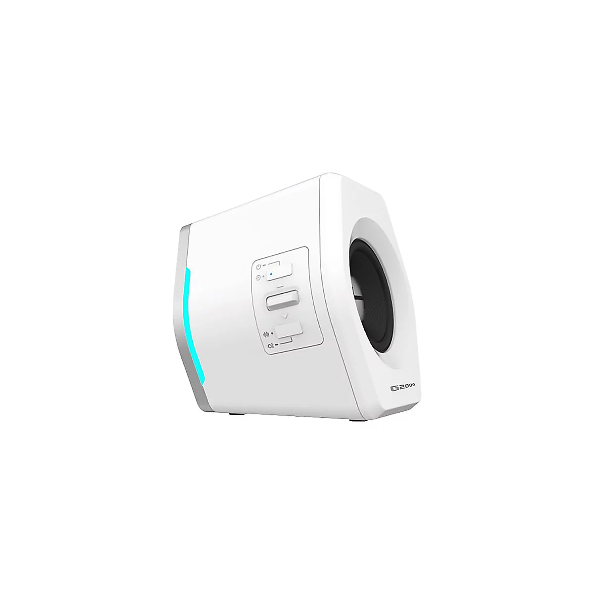 Weißer Gaming-Lautsprecher Edifier G2000 mit blauem LED-Lichtstreifen und seitlichen Bedientasten auf weißem Grund.