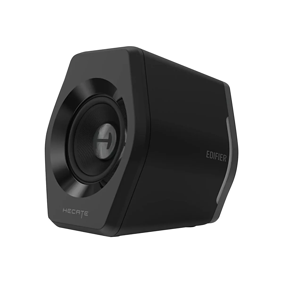 Schwarzer, moderner Hecate Gaming-Lautsprecher mit edlem Design auf weißem Hintergrund.