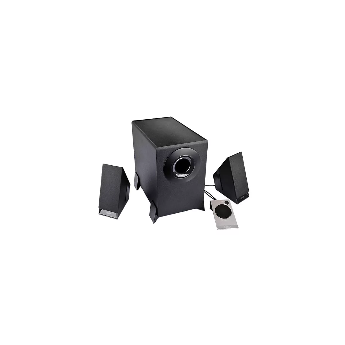 Schwarzes Edifier Lautsprechersystem mit Subwoofer, zwei Satelliten und kabelgebundenem Lautstärkeregler.
