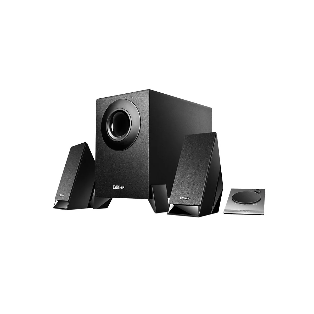 Schwarzes Lautsprecher-Set mit Subwoofer und mehreren Satelliten-Lautsprechern auf weiÃŸem Hintergrund. Das Edifier-Logo ist sichtbar.