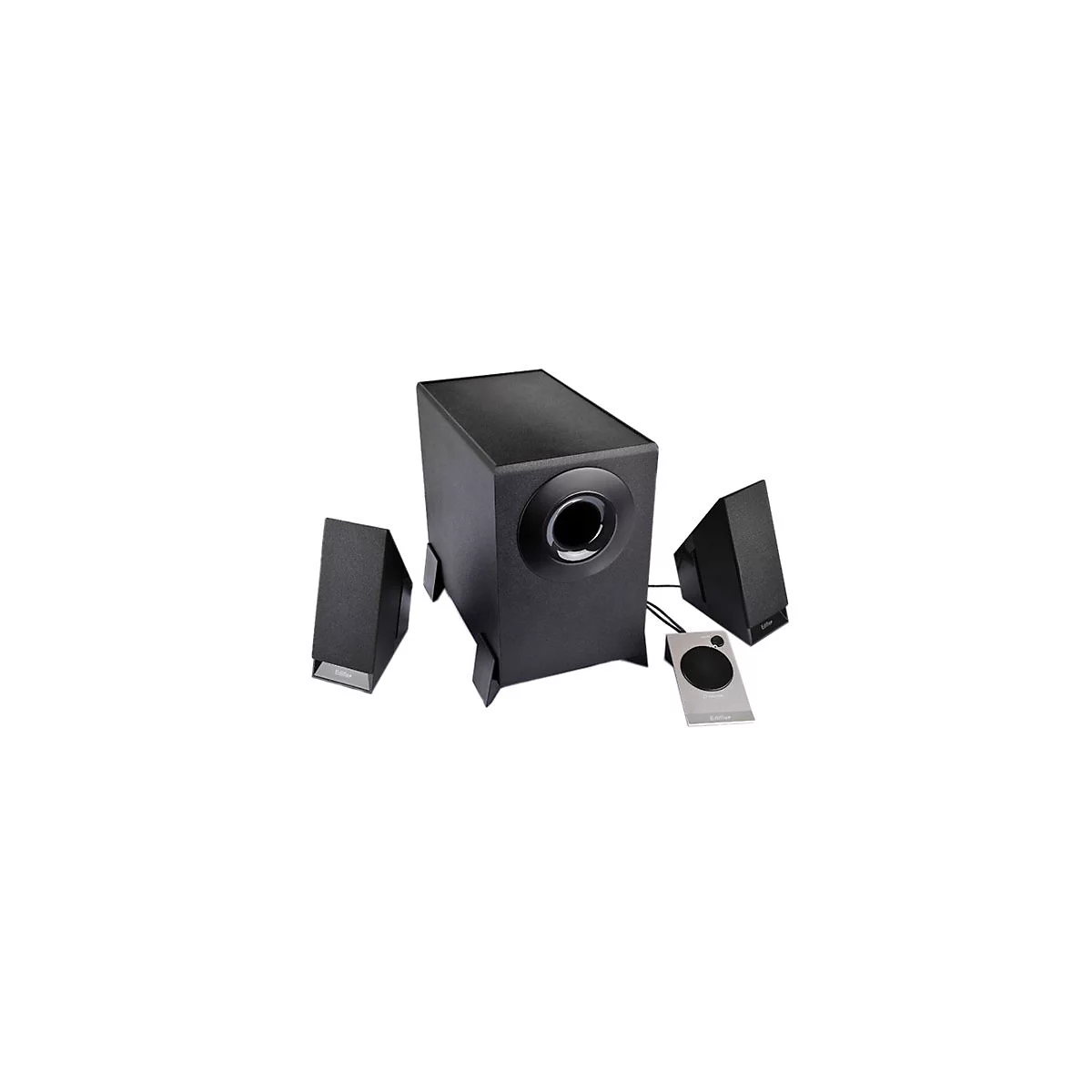 Schwarzes 2.1-Lautsprechersystem. Ein groÃŸer Subwoofer, zwei Satelliten und eine kleine Bedieneinheit.