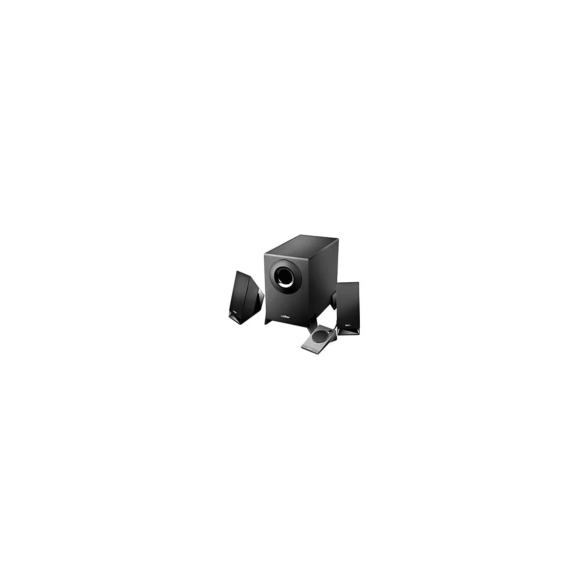 Schwarzes Lautsprechersystem, bestehend aus Subwoofer, zwei Satellitenlautsprechern und einer Bedieneinheit.