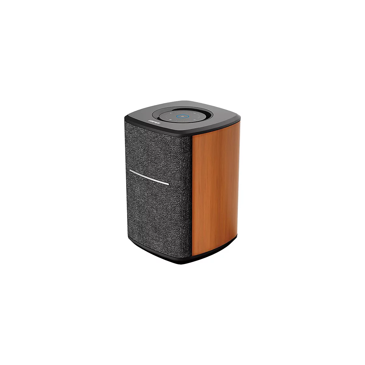 Ein kompakter Lautsprecher mit Holz- und Stoffstruktur. Oberseite mit Bedienfeld, Seite in Holzoptik, Front in grauer Stoffoptik.