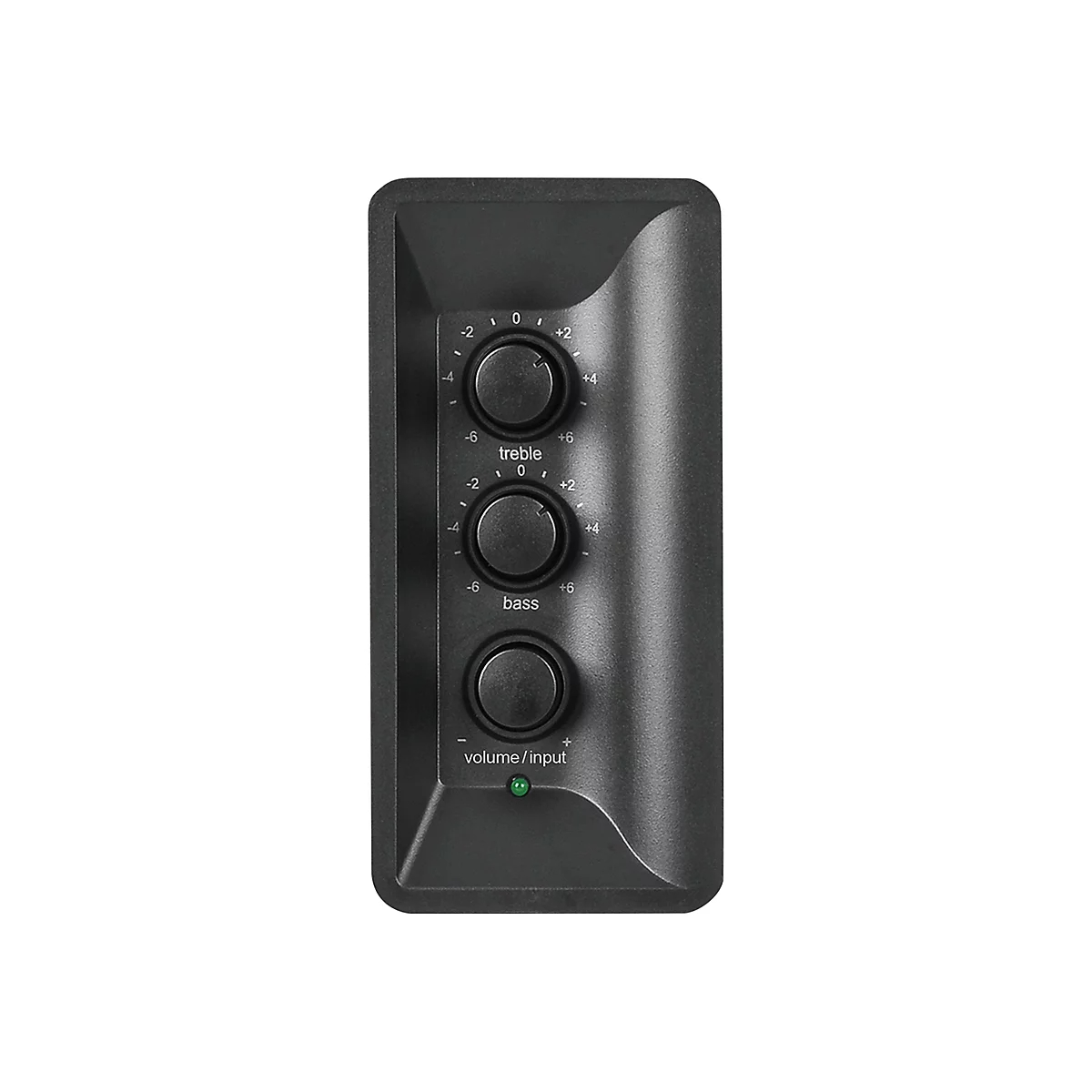 Schwarzes Bedienfeld mit drei Drehreglern für Treble, Bass und Volume/Input sowie eine grüne Statusleuchte.