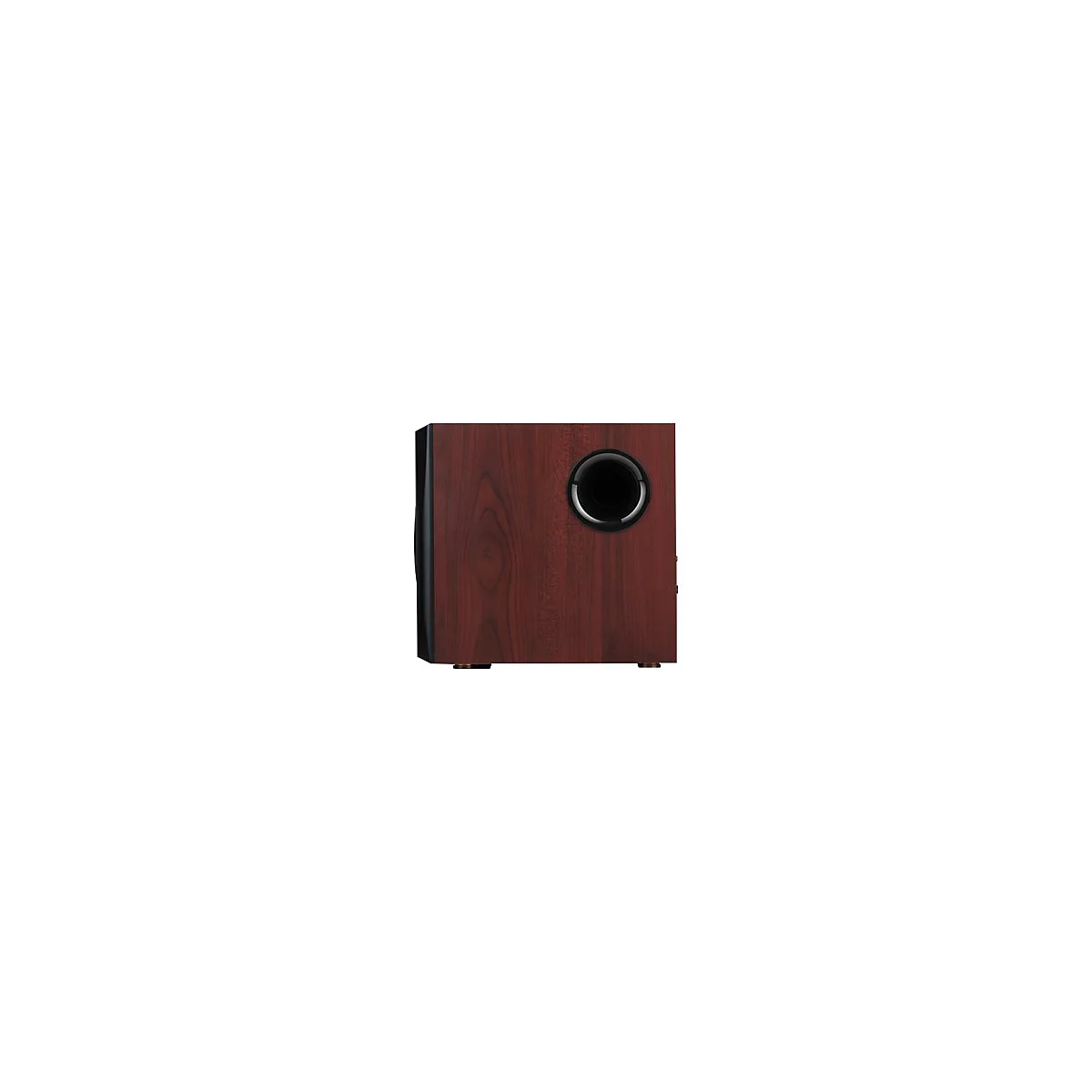 Subwoofer in dunkler Holzoptik mit seitlicher Bassreflexöffnung vor weißem Hintergrund.
