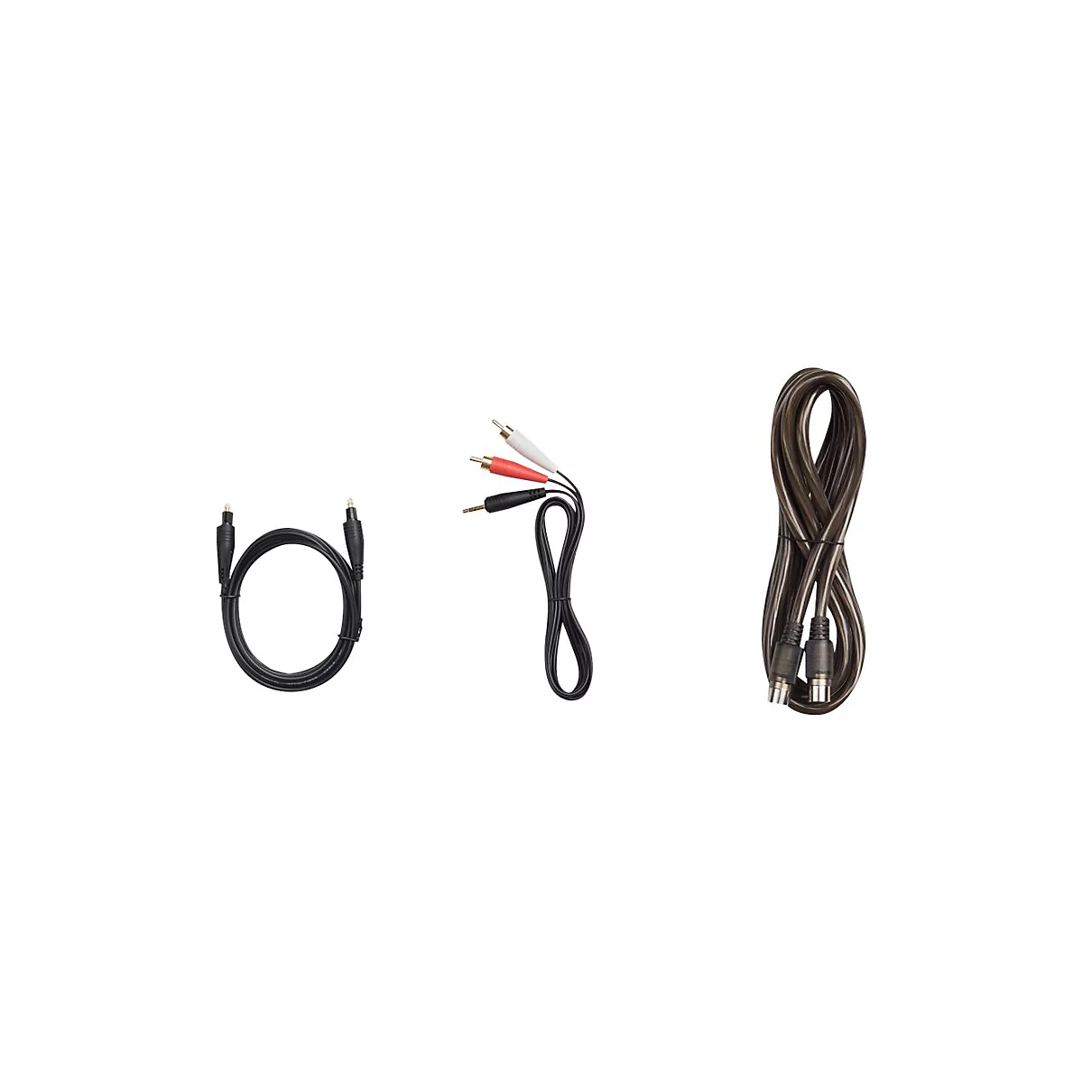 Drei verschiedene Audiokabel: ein optisches Kabel, ein Klinke-zu-Cinch-Kabel und ein Lautsprecherkabel.