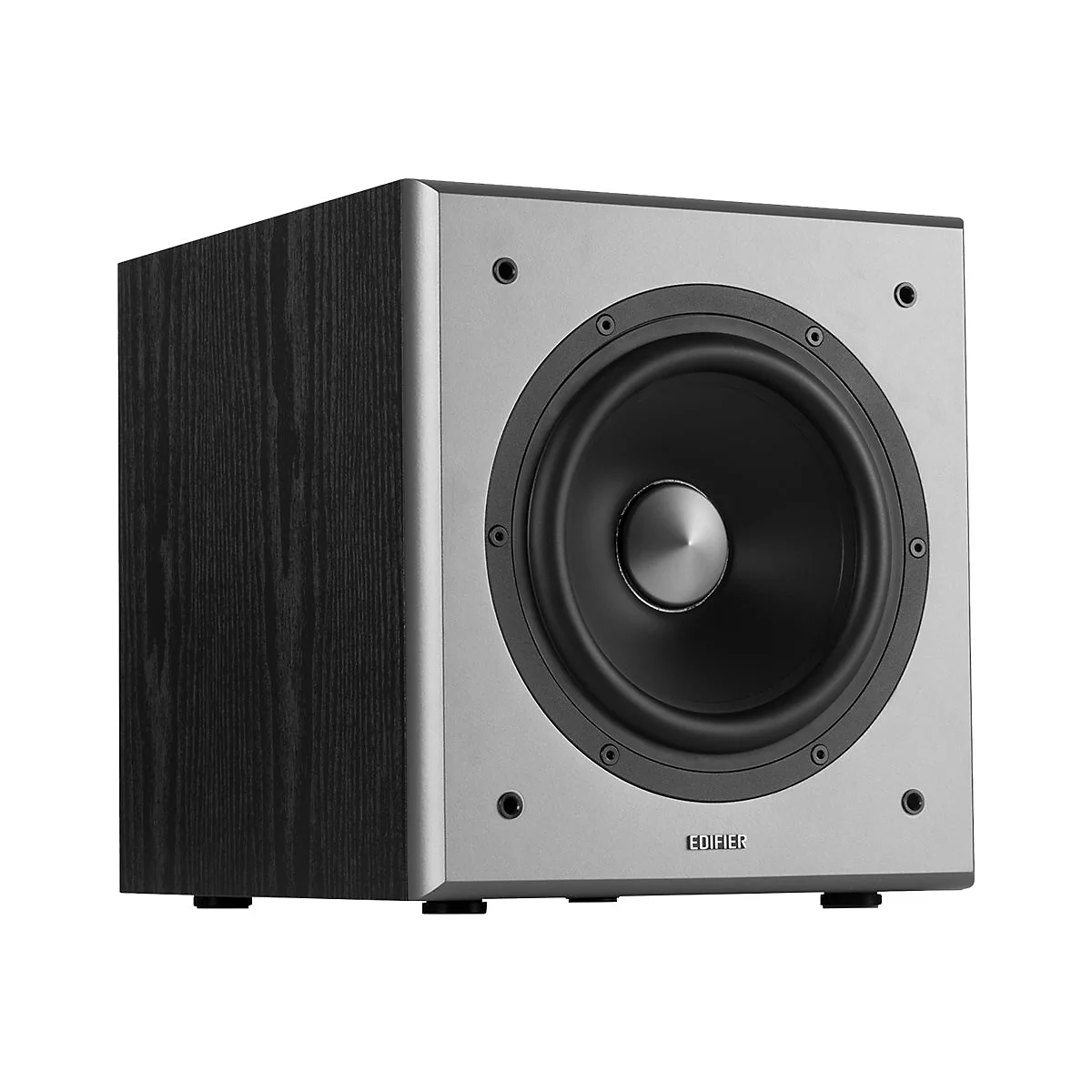 Schwarzer Edifier Subwoofer mit silberner Frontplatte und mittigem Lautsprecher-Konus vor weißem Hintergrund.