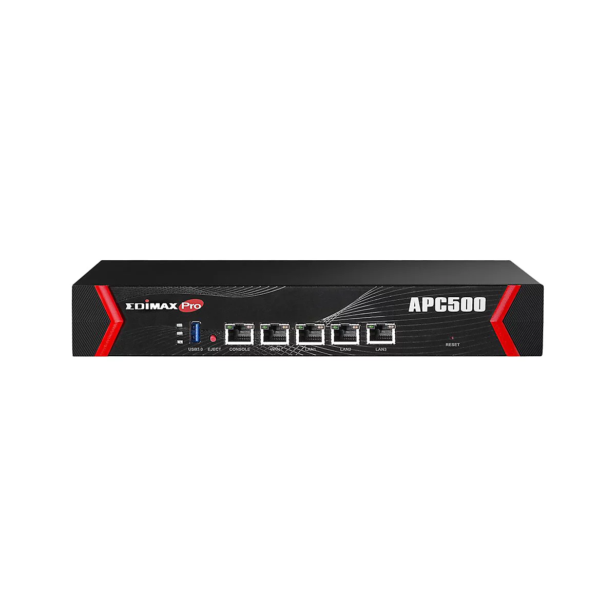 Schwarzer Edimax Pro APC500 Netzwerk-Controller mit LAN- und WAN-Anschlüssen und roten Akzenten an den Seiten.