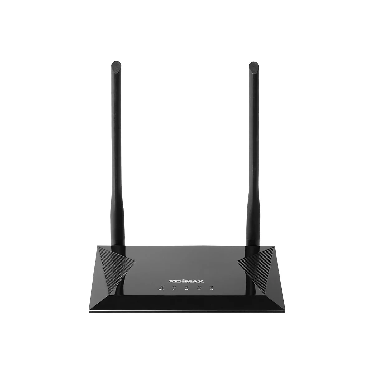 Schwarzer WLAN-Router mit zwei Antennen, EDIMAX-Logo, weiße Oberfläche.
