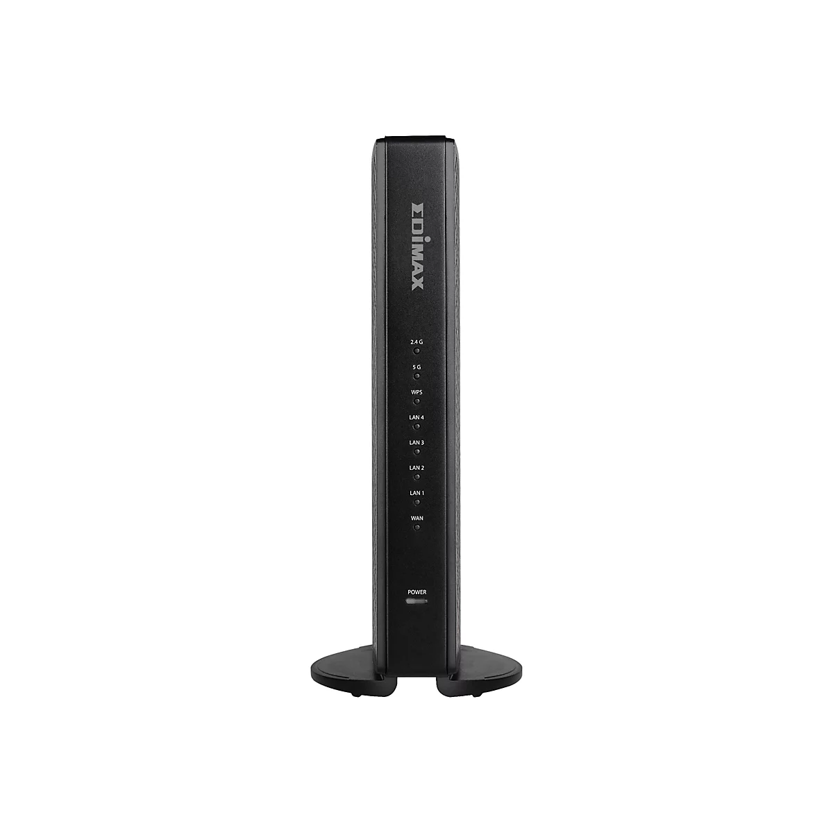 Schwarzer Router mit LED-Anzeigen und EDIMAX-Logo. Auf einer Standvorrichtung.