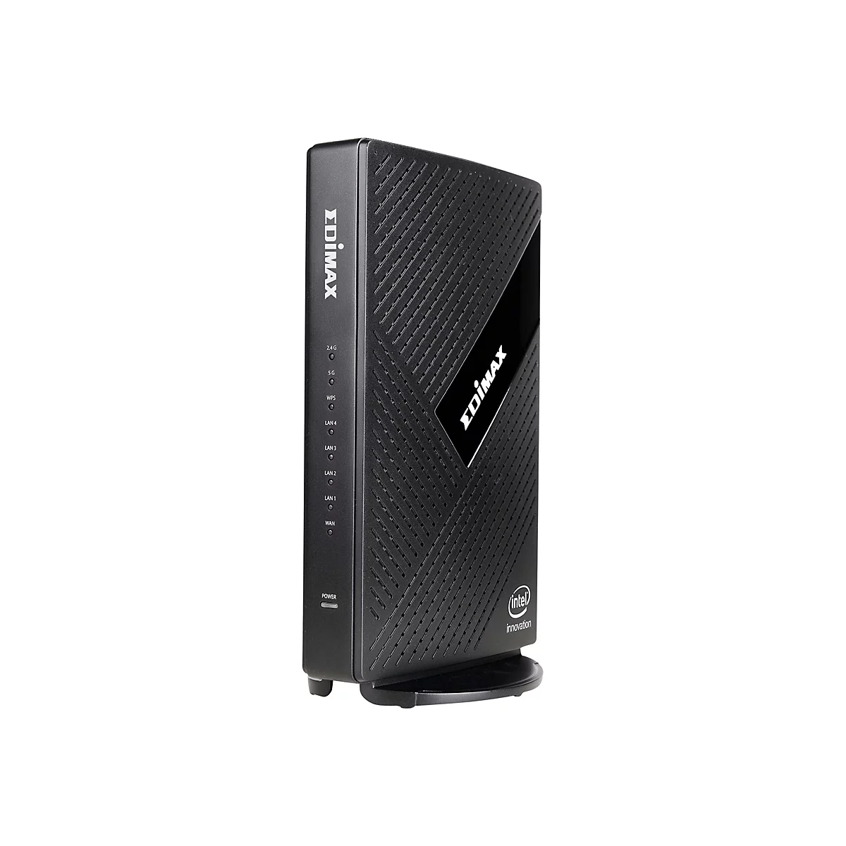 Schwarzer Router mit LED-Anzeigen und Markenlogo. Der Router steht aufrecht auf einem weißen Hintergrund.