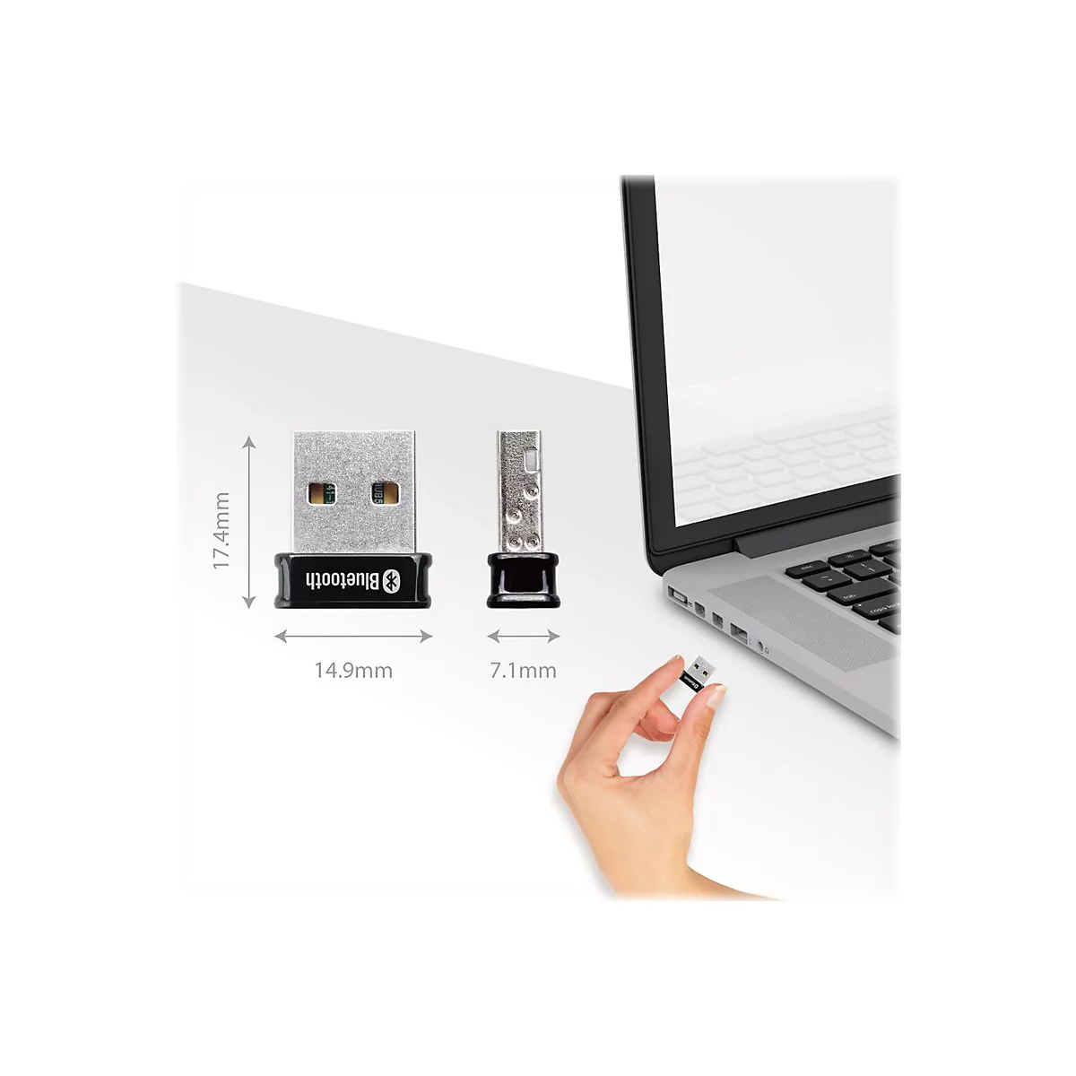 Bluetooth-Dongle neben Laptop und Hand. Abmessungen in mm angegeben.