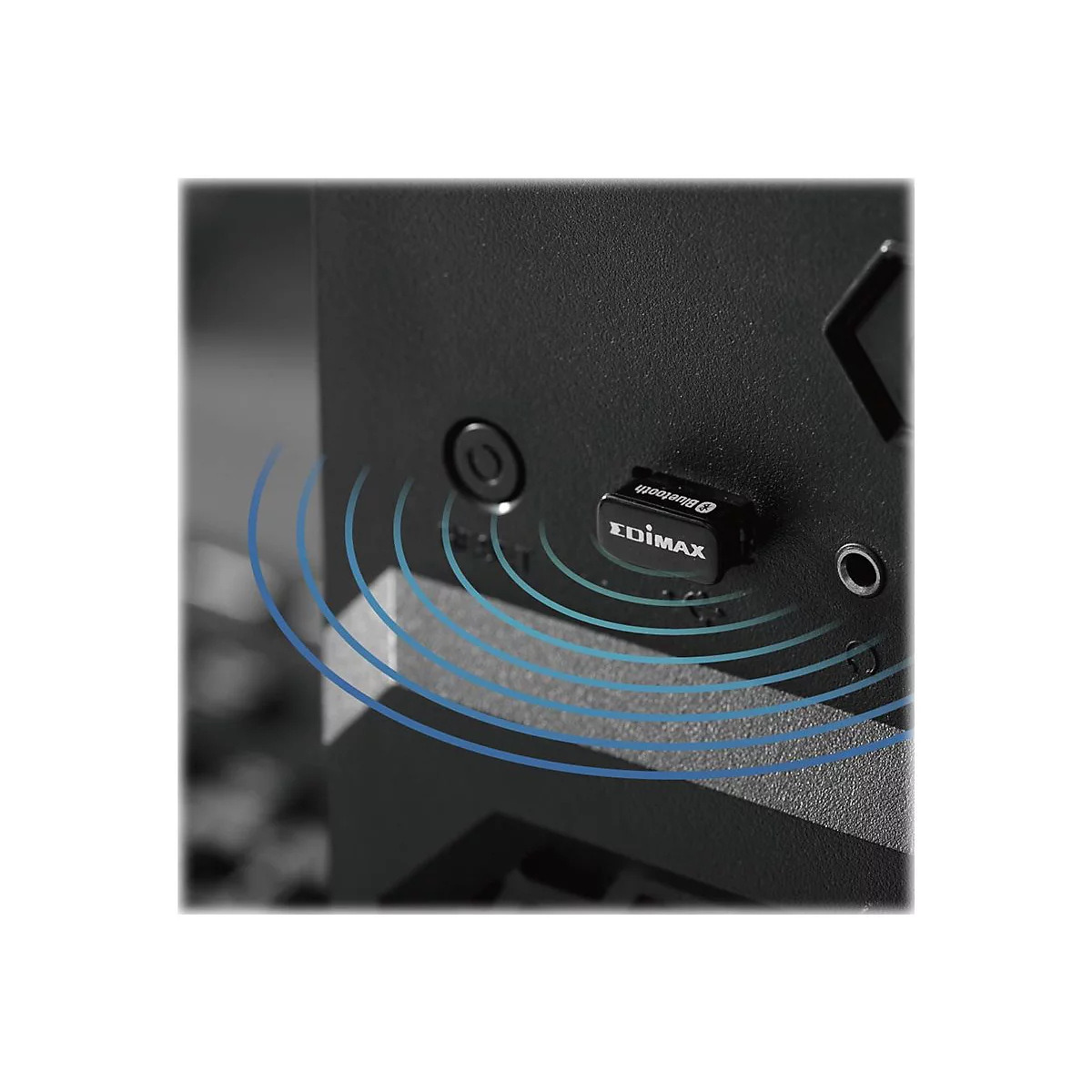 Detailaufnahme eines schwarzen GerÃ¤ts mit Bluetooth-Adapter und EDIMAX-Logo. Blaue Wellen symbolisieren die drahtlose KonnektivitÃ¤t.