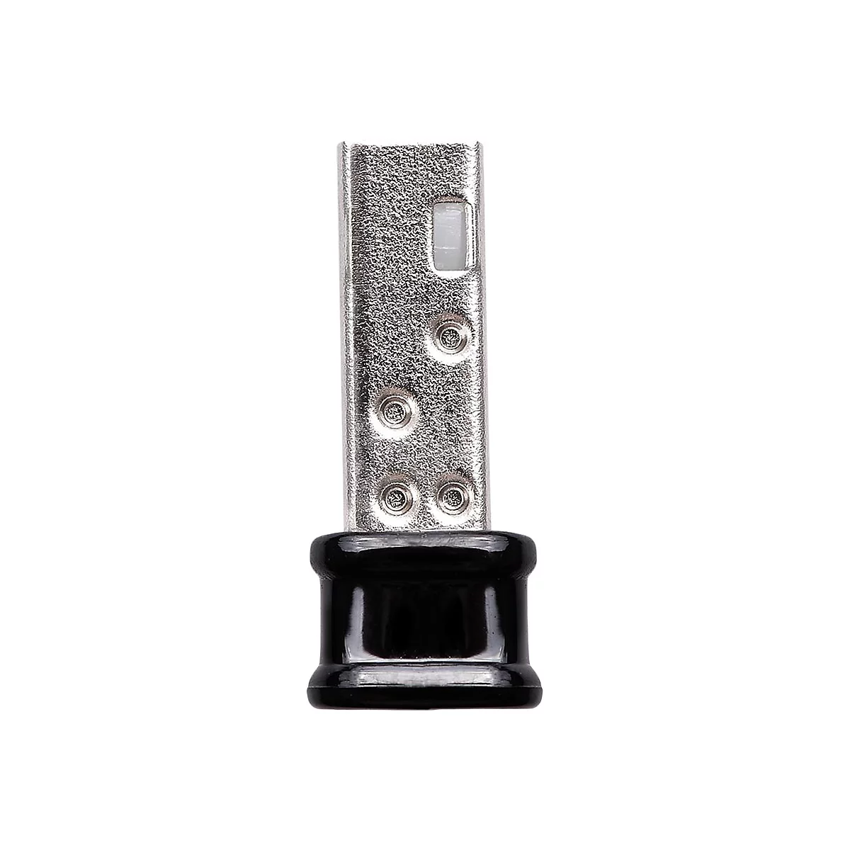 Nahaufnahme eines USB-Steckers. Der Stecker hat eine silberne Metallspitze und einen schwarzen KunststofffuÃŸ.