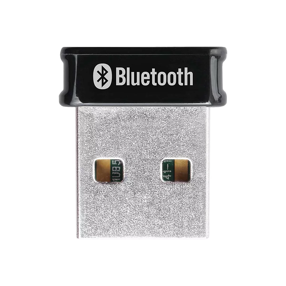 Ein kleiner, silberner USB-Bluetooth-Adapter mit schwarzer Kappe und Bluetooth-Logo auf weißem Hintergrund.