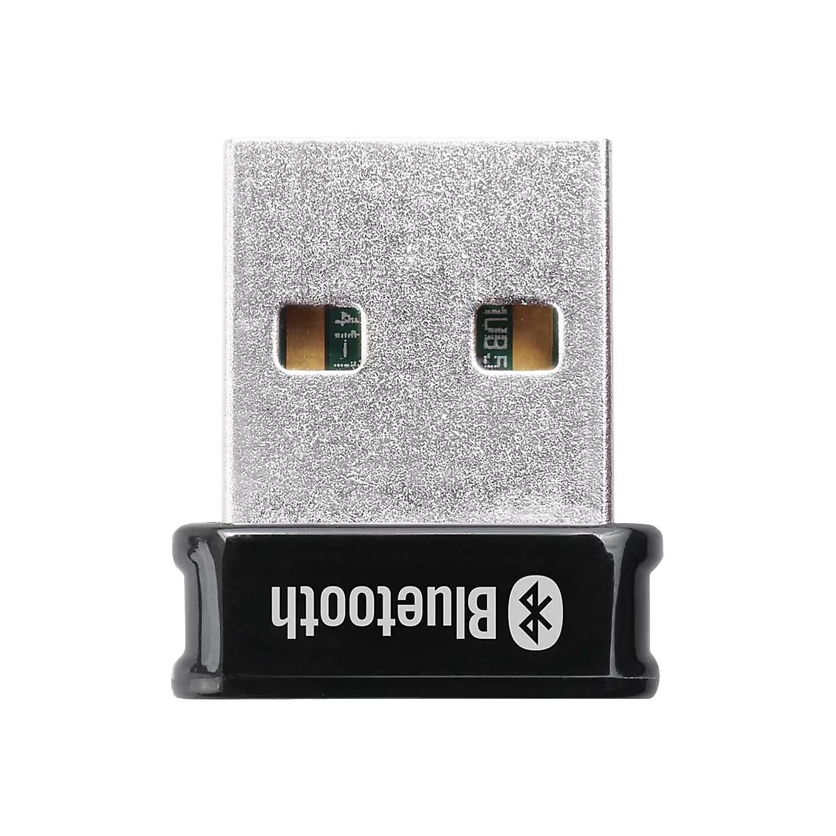Ein kleiner silberner USB-Bluetooth-Adapter mit schwarzer Kappe und Bluetooth-Logo auf weißem Hintergrund.