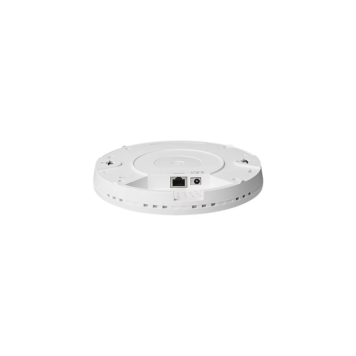 Rückseite eines weißen, runden WLAN-Access-Points mit Ethernet-Port und Stromanschluss vor neutralem Hintergrund.