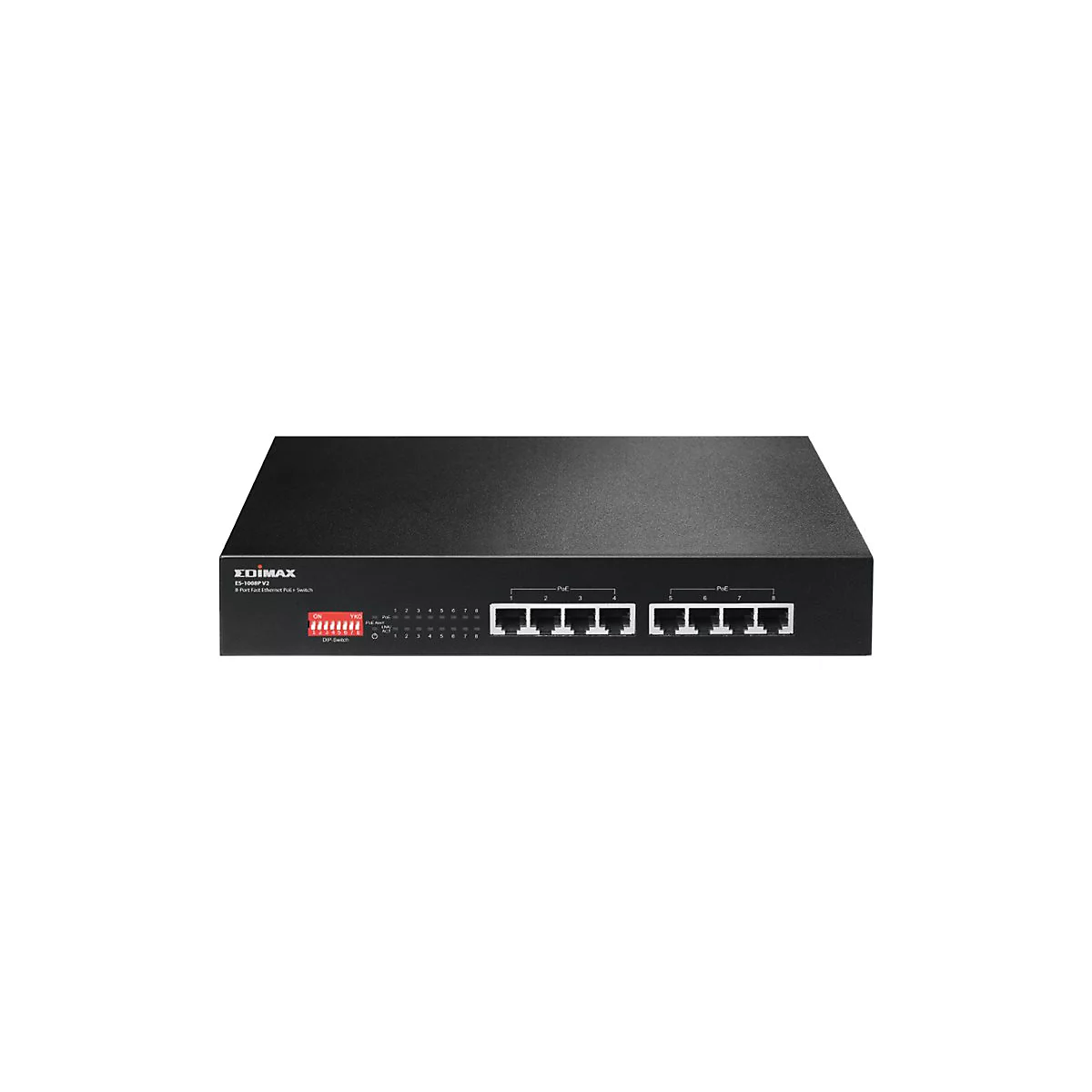 Edimax 8-Port Fast Ethernet PoE Switch in einem schwarzen Metallgehäuse mit DIP-Schalter und Status-LEDs.