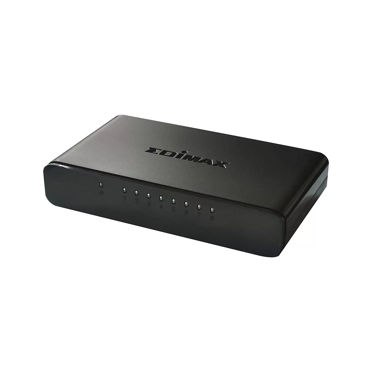 Schwarzer Edimax 8-Port Netzwerk-Switch aus Kunststoff mit Status-LEDs auf der Vorderseite.