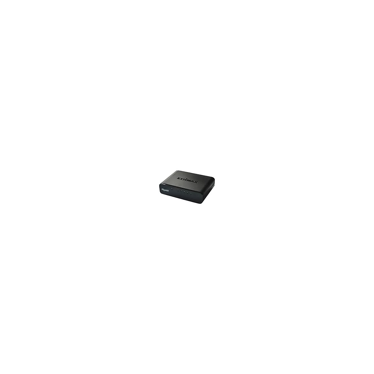 Schwarzer Edimax Gigabit-Netzwerk-Switch in Draufsicht vor weißem Hintergrund.