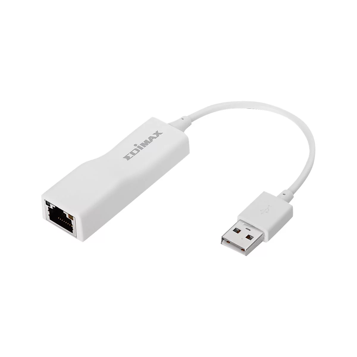 Weißer Edimax USB-auf-Ethernet-Adapter mit Kabel vor weißem Hintergrund.
