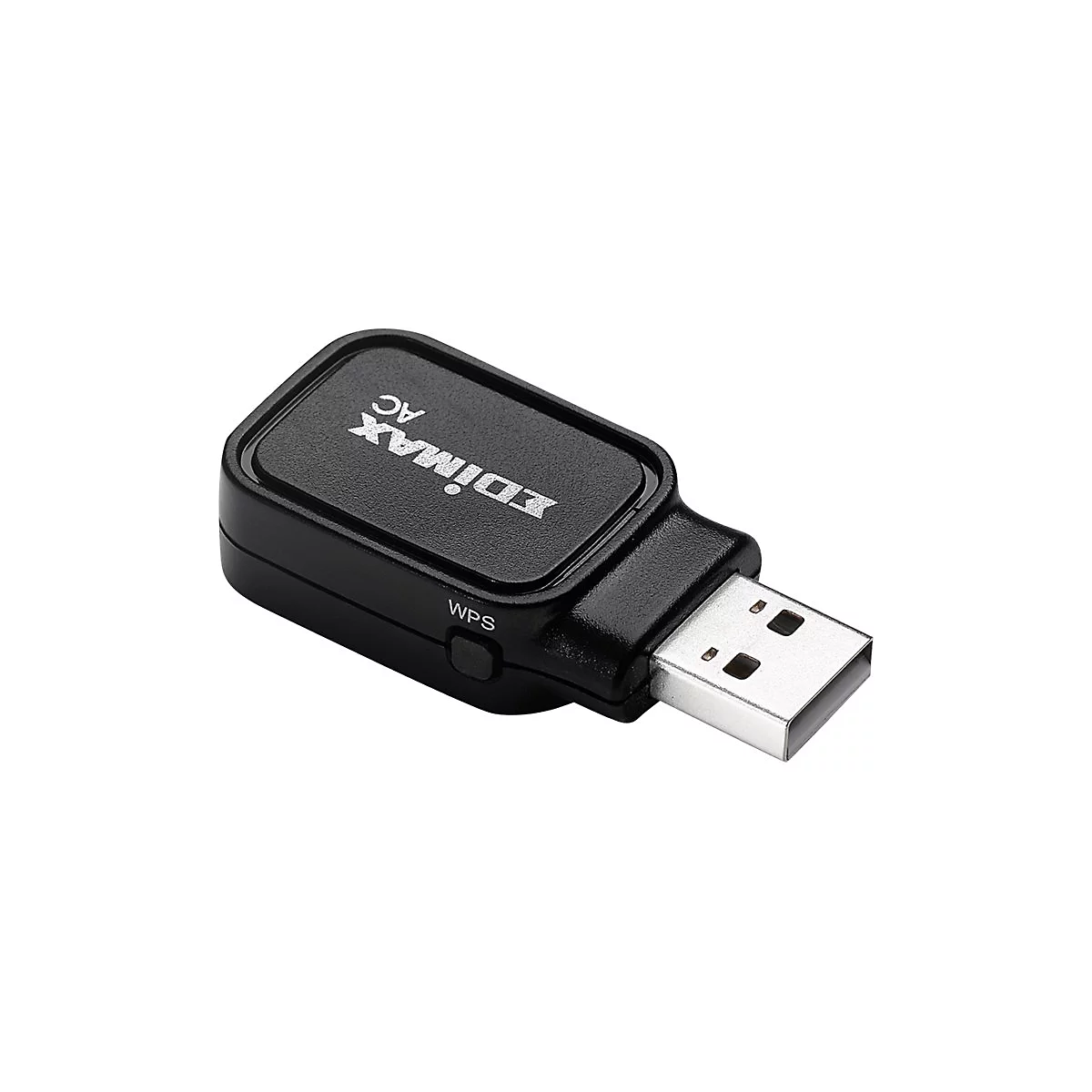 Schwarzer Edimax AC USB-WLAN-Adapter mit seitlicher WPS-Taste vor weißem Hintergrund.