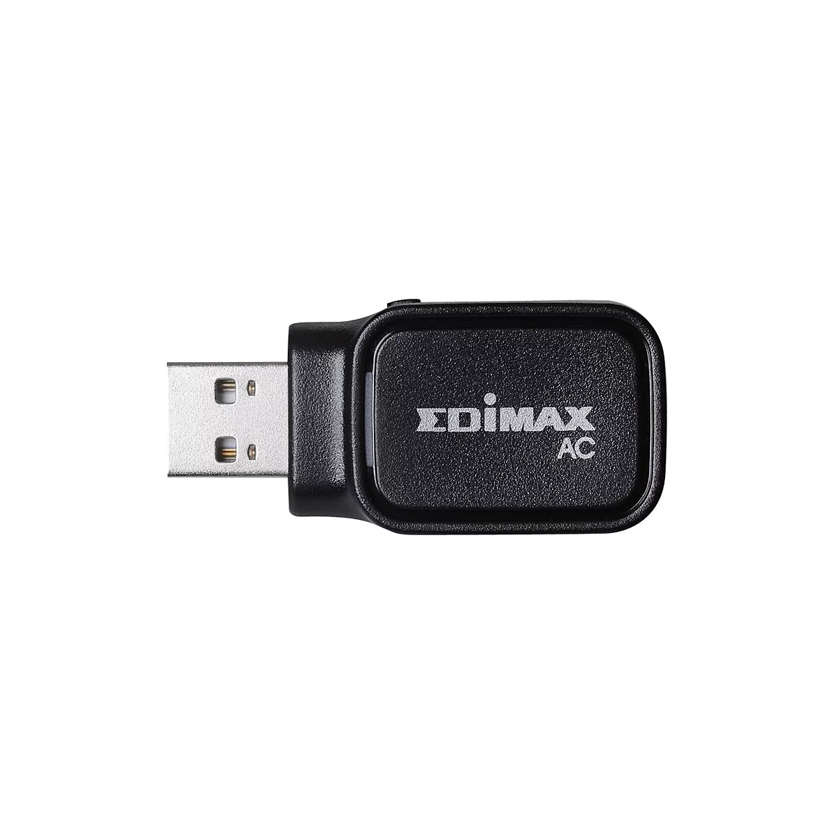 Ein schwarzer Edimax AC USB-Adapter. Der USB-Stecker ist silberfarben, das Gehäuse mit dem Schriftzug 'EDIMAX AC' ist schwarz.