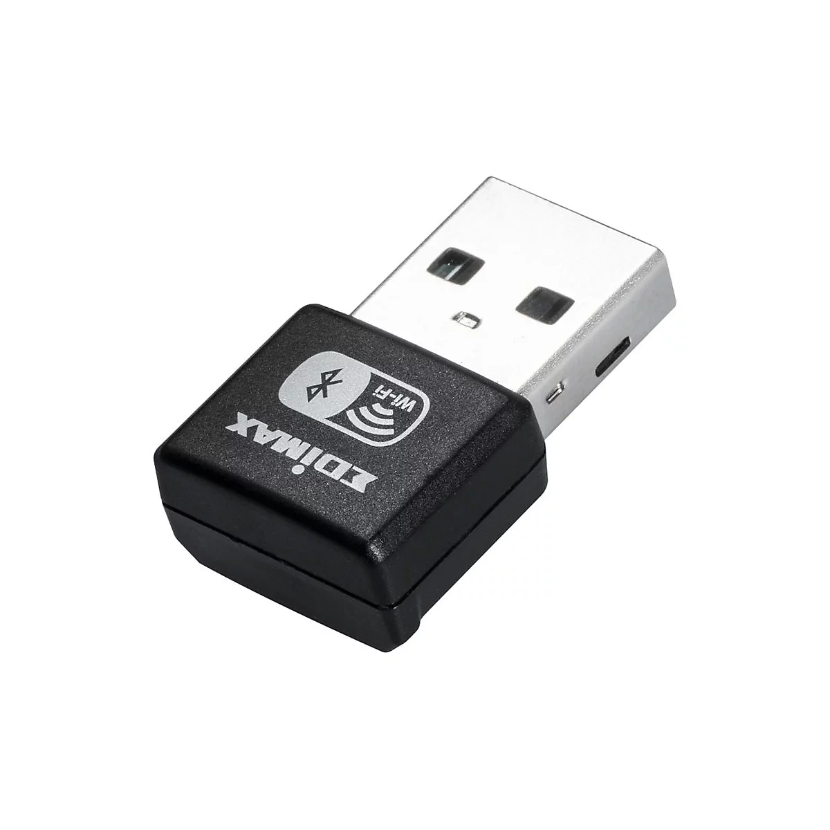 Ein schwarzer Edimax USB-Adapter mit Bluetooth- und Wi-Fi-Symbol auf weißem Hintergrund.