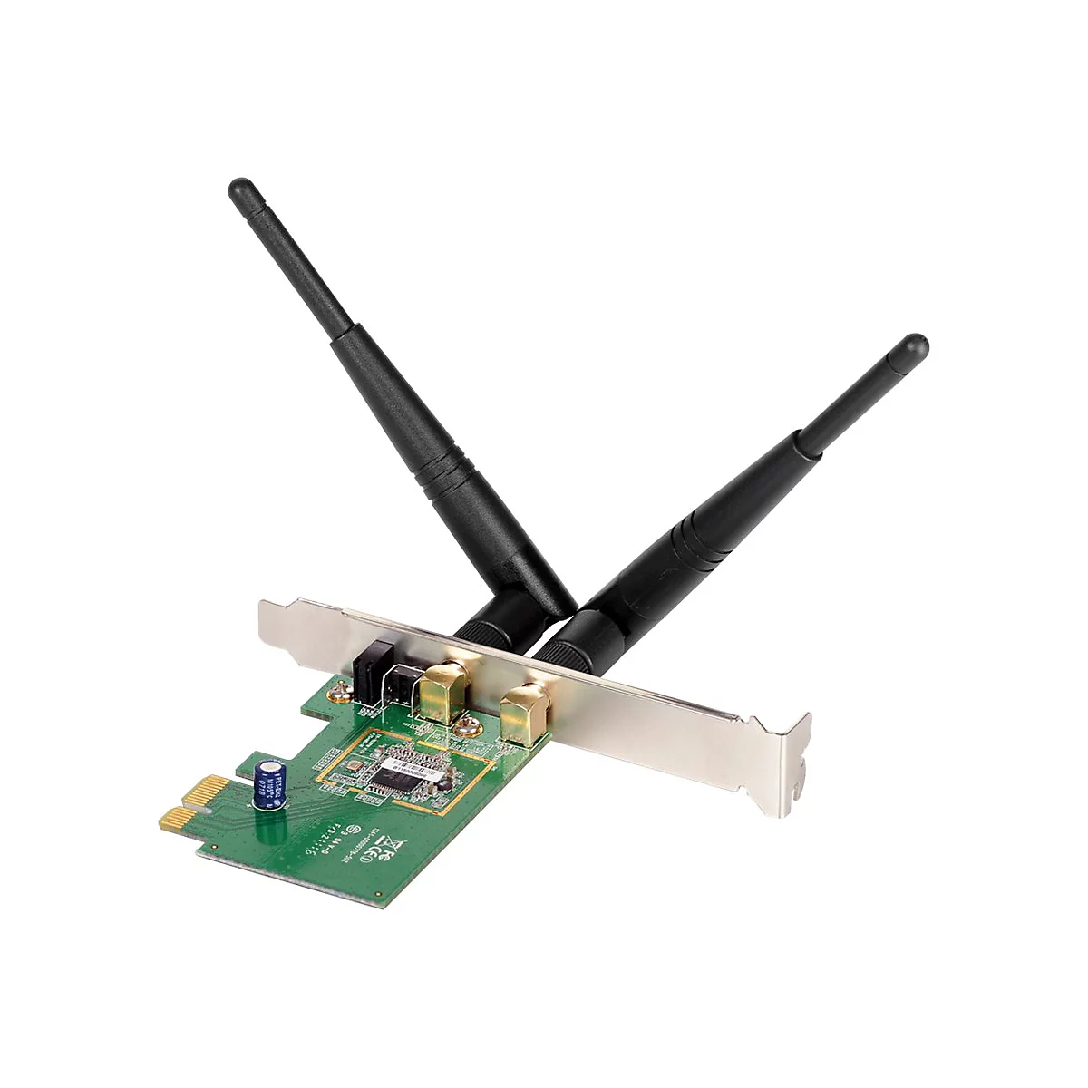 PCIe-WLAN-Karte mit zwei schwarzen, abgewinkelten Antennen vor weißem Hintergrund.