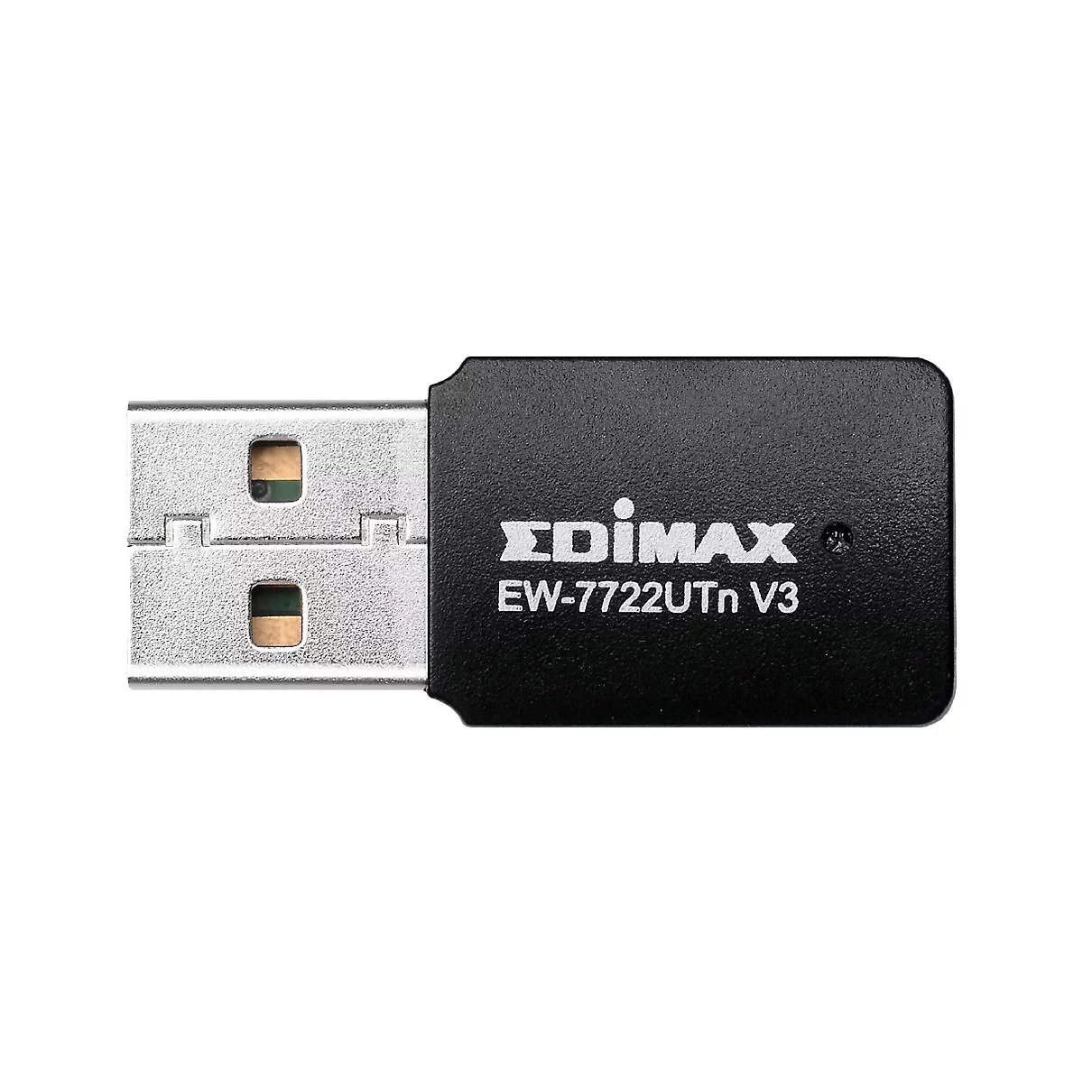 Schwarzer Edimax USB WLAN-Adapter EW-7722UTn V3 mit Metallstecker vor weißem Hintergrund.