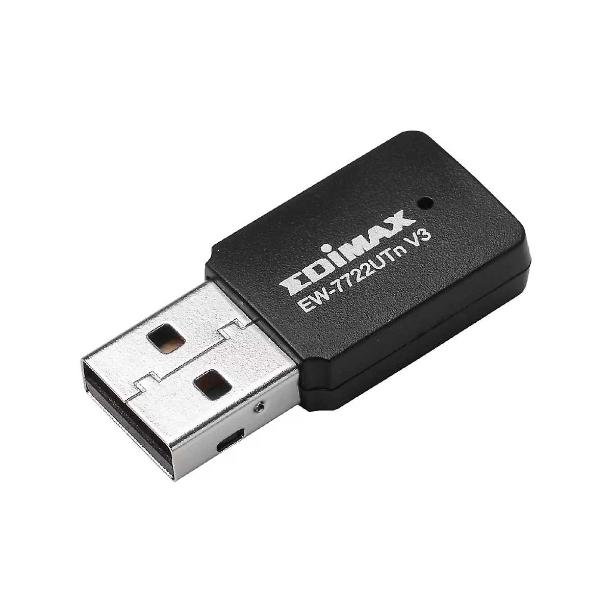 Schwarzer Edimax USB WLAN-Adapter mit silbernem Anschlussstecker vor weißem Hintergrund.