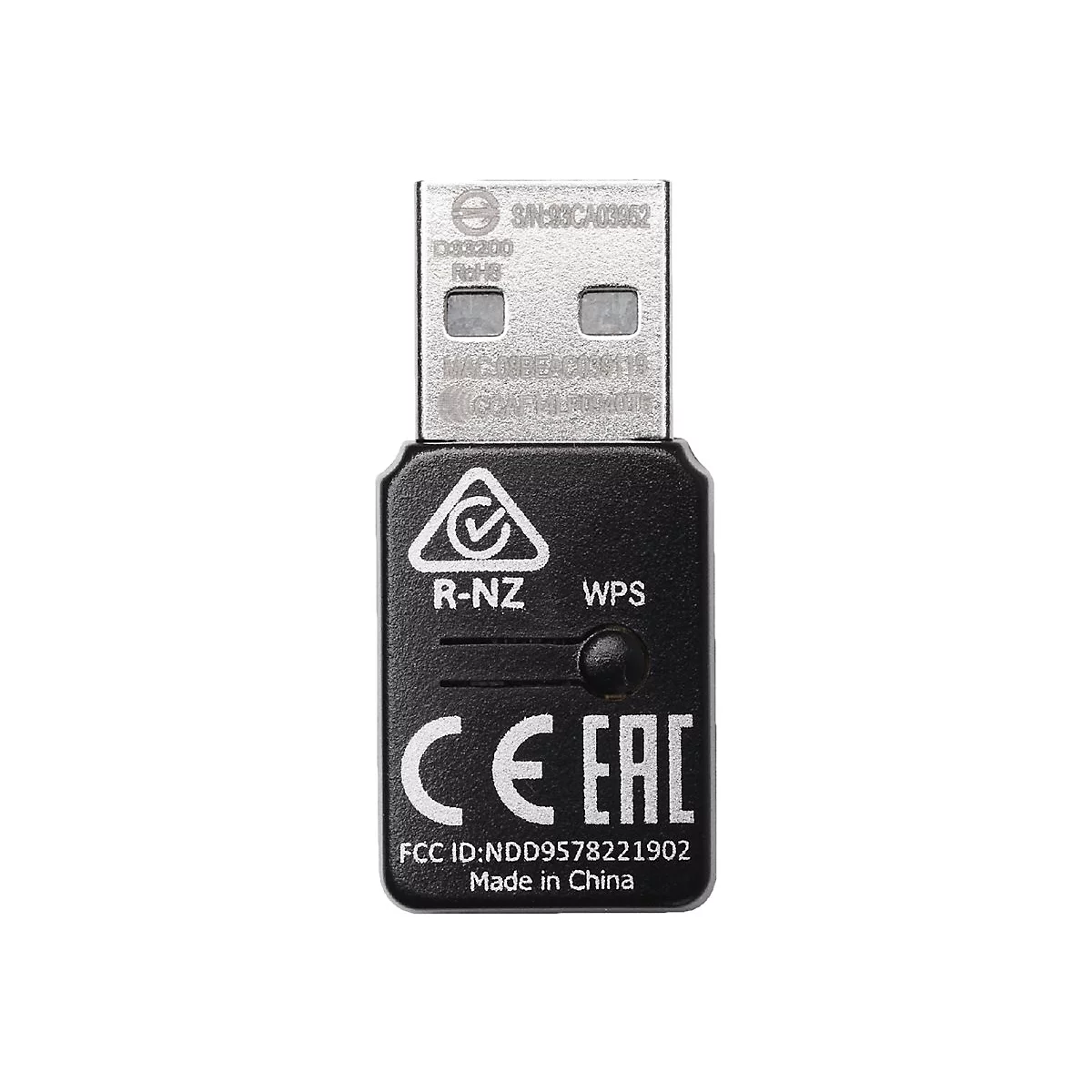 Schwarzer WLAN-USB-Adapter mit silbernem Stecker und aufgedruckten technischen Zertifizierungen sowie WPS-Taste.
