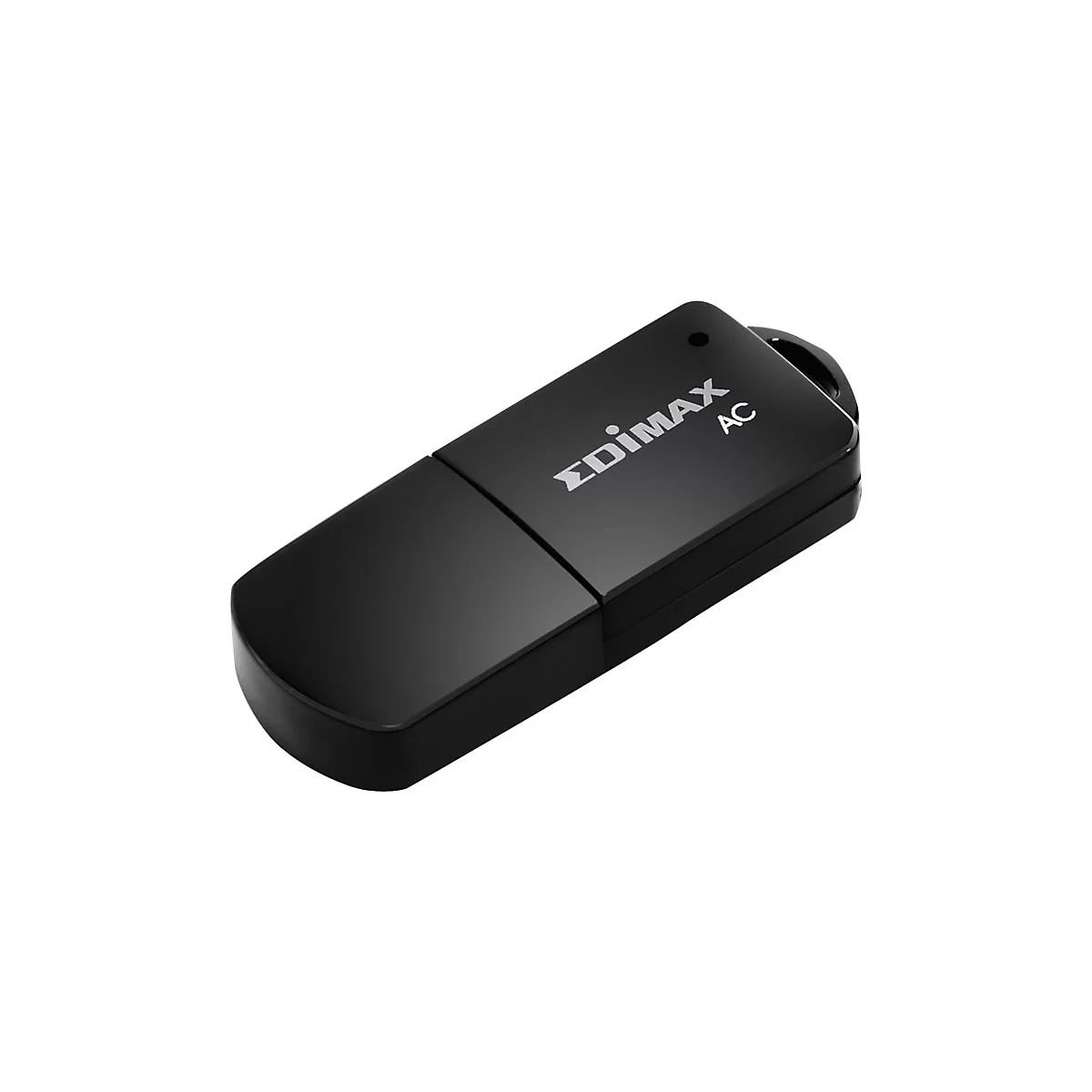 Schwarzer USB-Stick mit "EDIMAX AC" Aufschrift auf weißem Hintergrund.