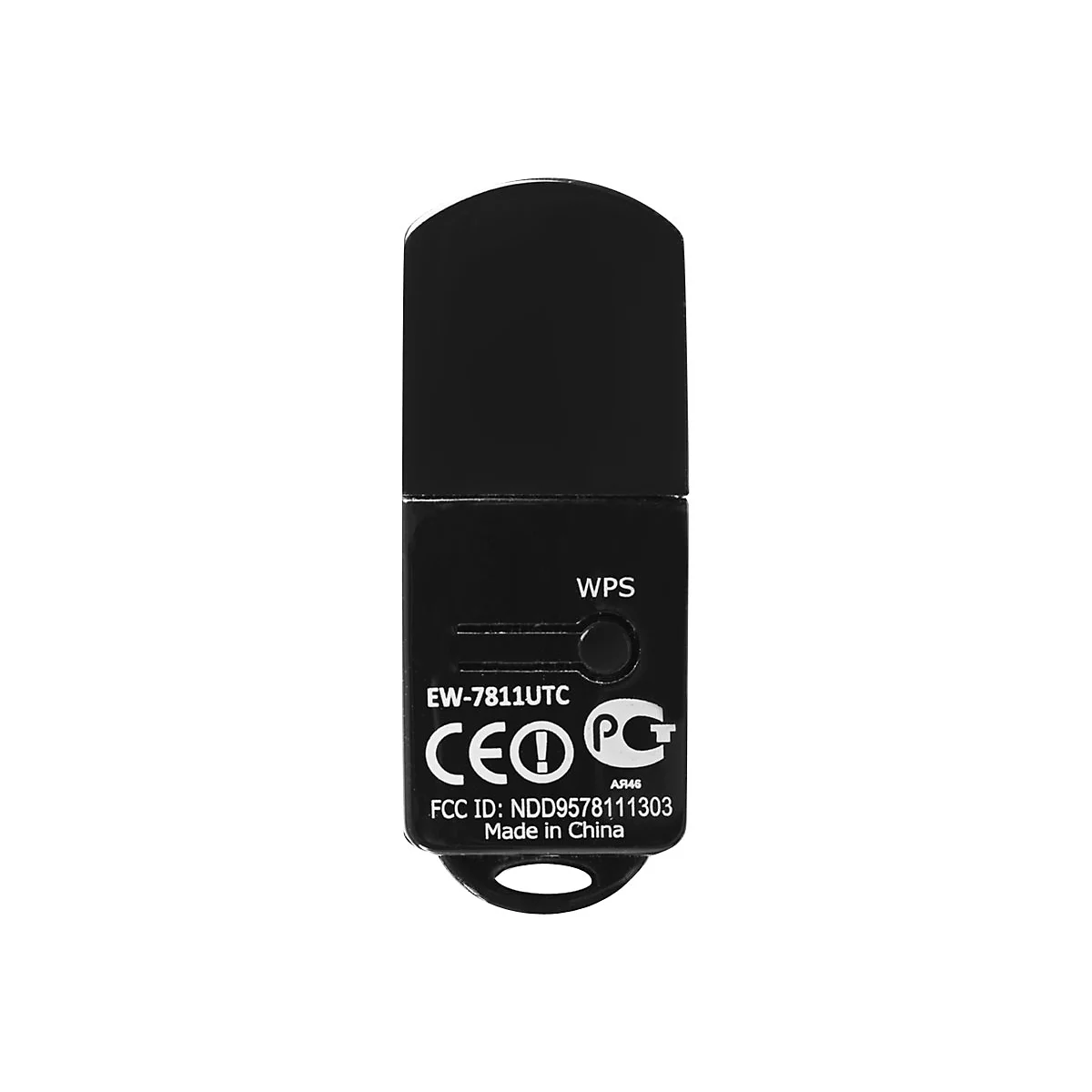 Schwarzer USB-WLAN-Adapter, oben abgerundet, mit WPS-Taste und Aufdrucken wie CE und FCC-ID.