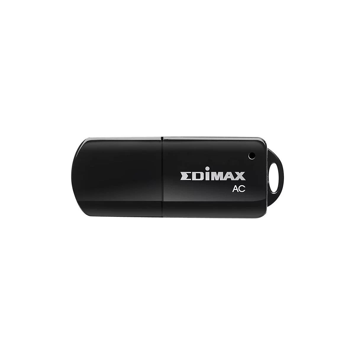 Schwarzer USB-Stick mit weißem "EDIMAX AC" Logo. Er hat eine Öse zur Befestigung.