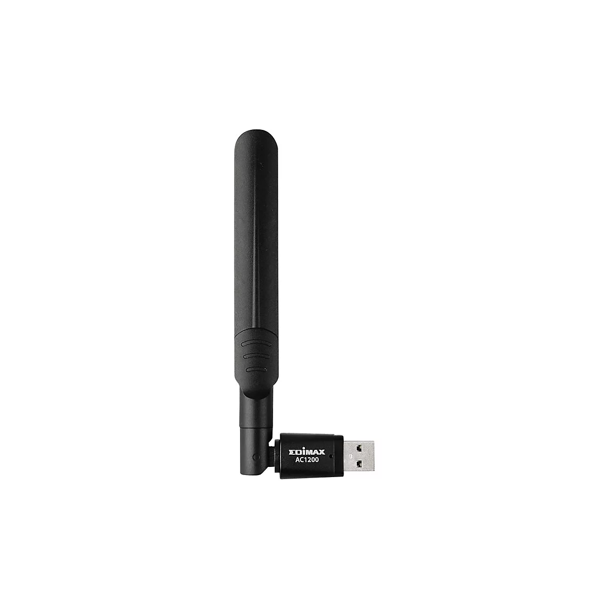 Schwarzer Edimax AC1200 USB-WLAN-Adapter mit einer vertikal ausgerichteten, schwenkbaren Antenne.