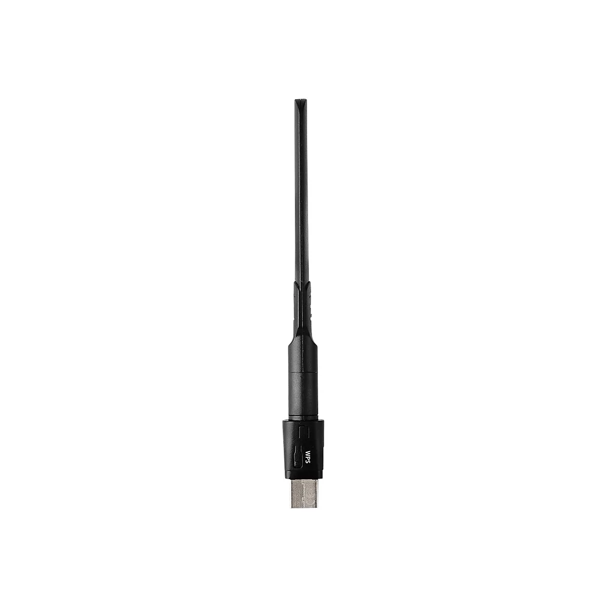 Schwarze WLAN-Antenne mit seitlichem WPS-Beschriftung auf weißem Hintergrund.