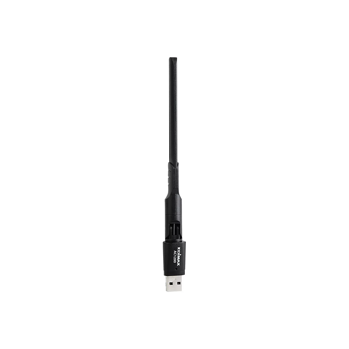 Schwarzer Edimax AC1200 USB WLAN-Adapter mit ausklappbarer Antenne vor weißem Hintergrund.