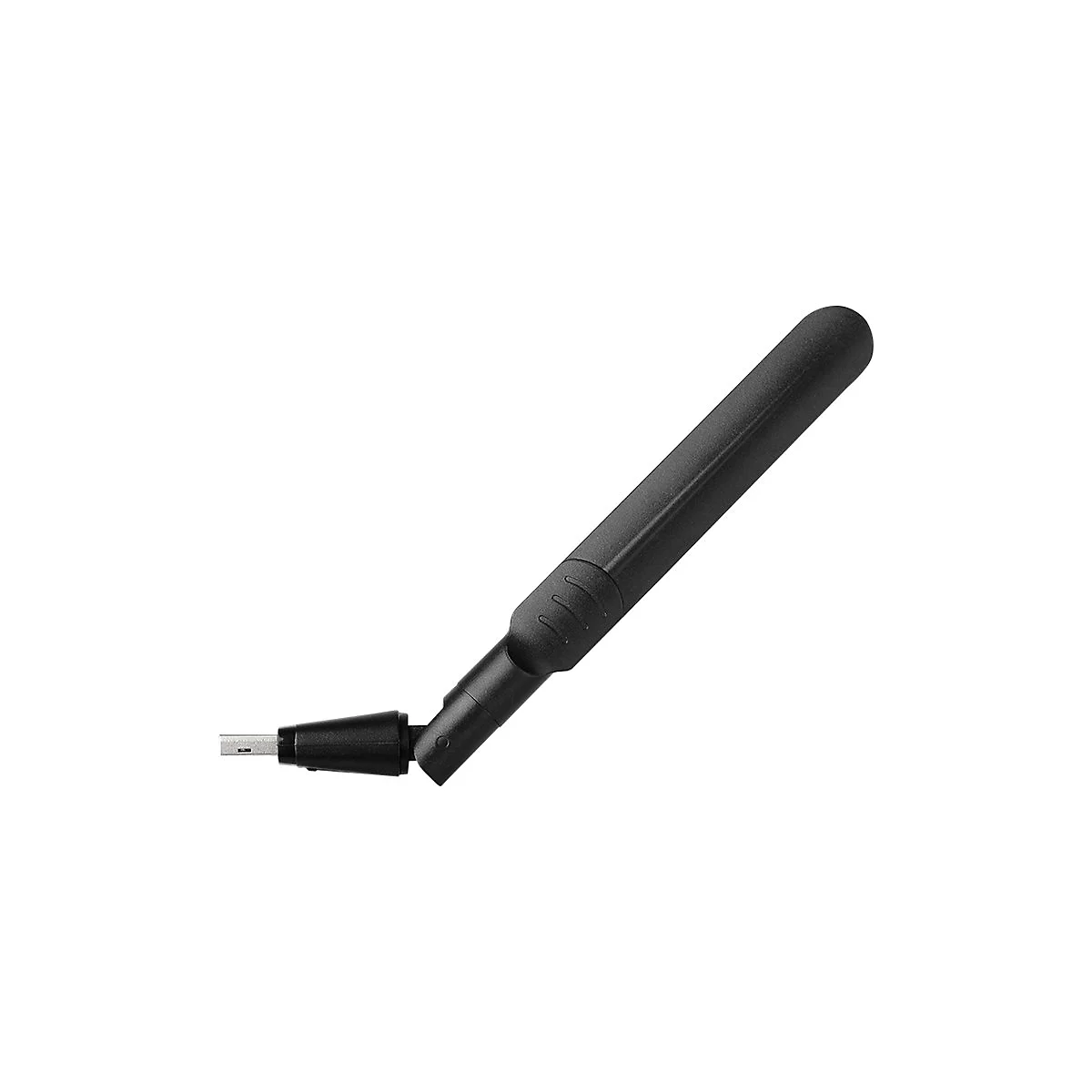 Schwarze, abgewinkelte WLAN-Antenne mit USB-Anschluss vor weißem Hintergrund.