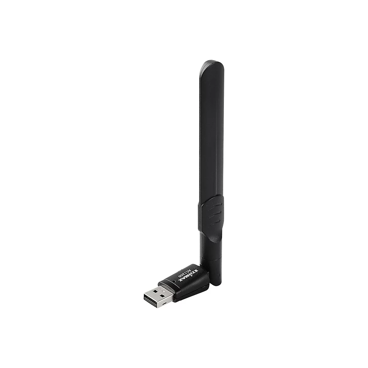 Schwarzer Edimax AC1200 USB-WLAN-Adapter mit ausklappbarer Antenne vor weißem Hintergrund.