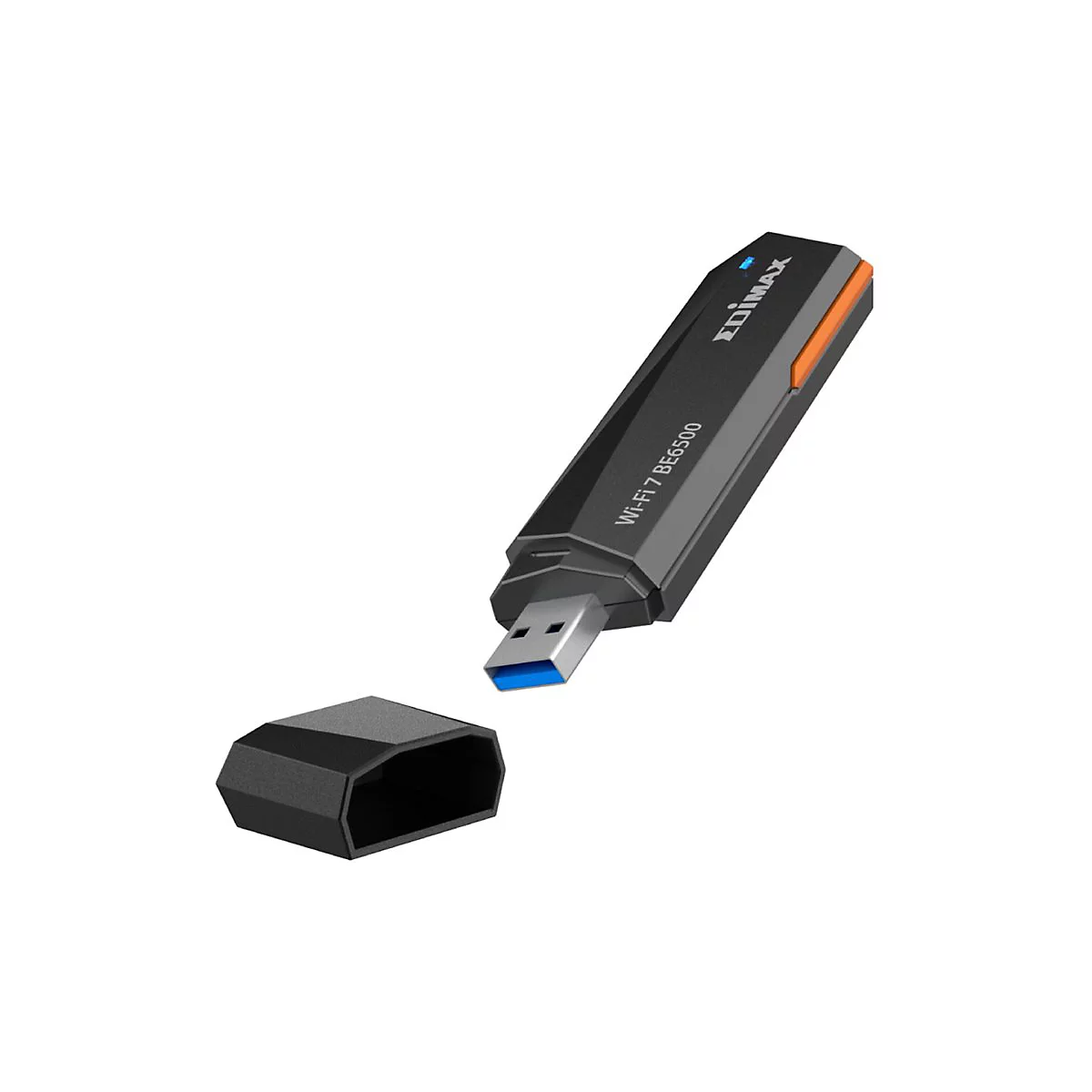 Schwarzer Edimax Wi-Fi 7 BE6500 USB-Adapter mit abgenommener Schutzkappe.