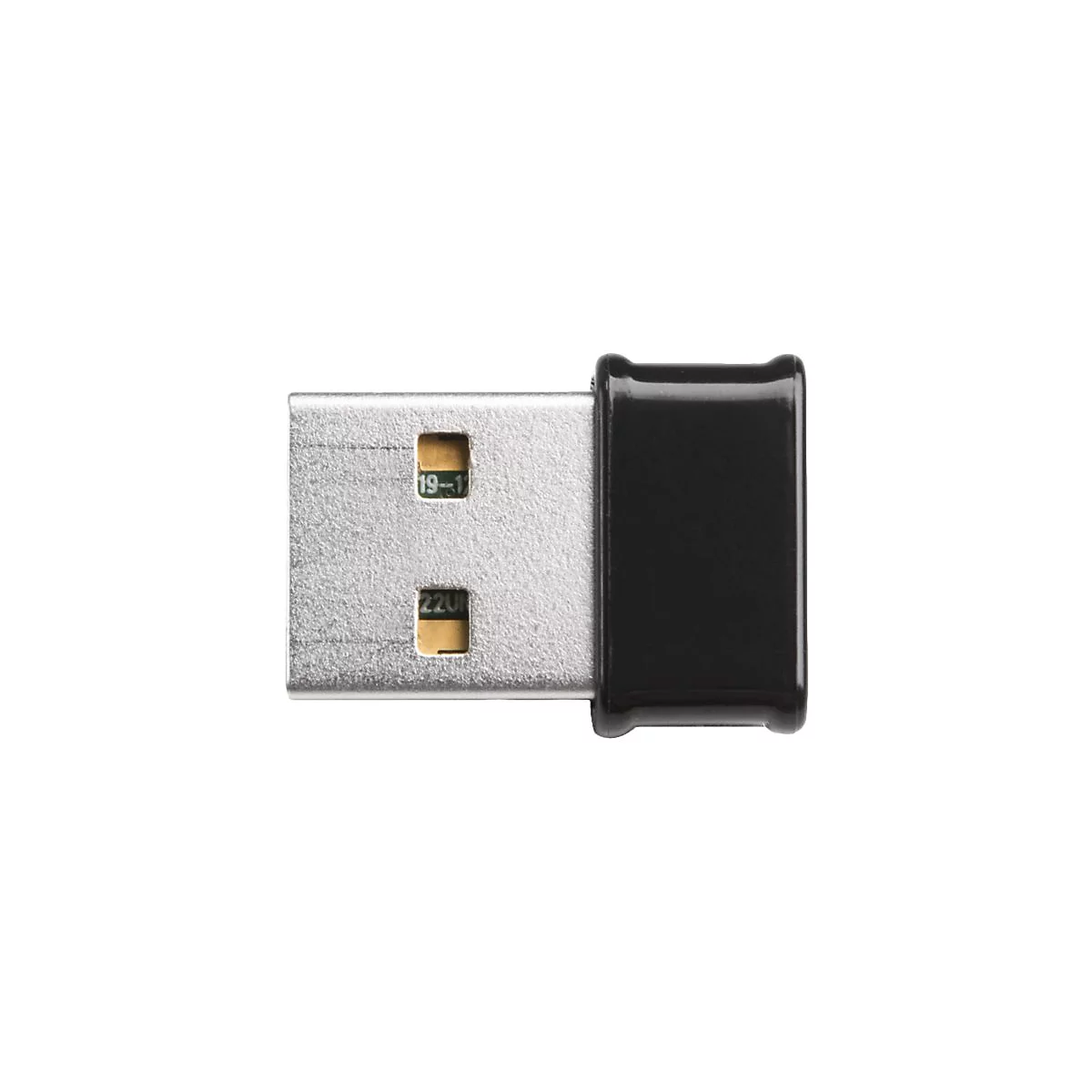 Nahaufnahme eines schwarzen USB-Adapters mit silbernem Anschluss. Zwei Ã–ffnungen zeigen gelbe Kontakte, mit den Zahlen 19-1 und 220U.