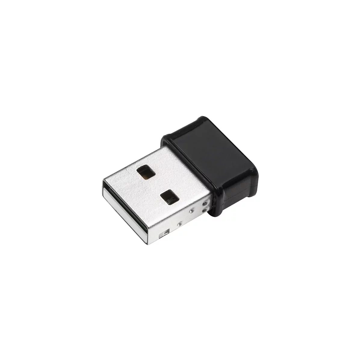 Kleiner, schwarzer USB-Empfänger auf weißem Hintergrund.