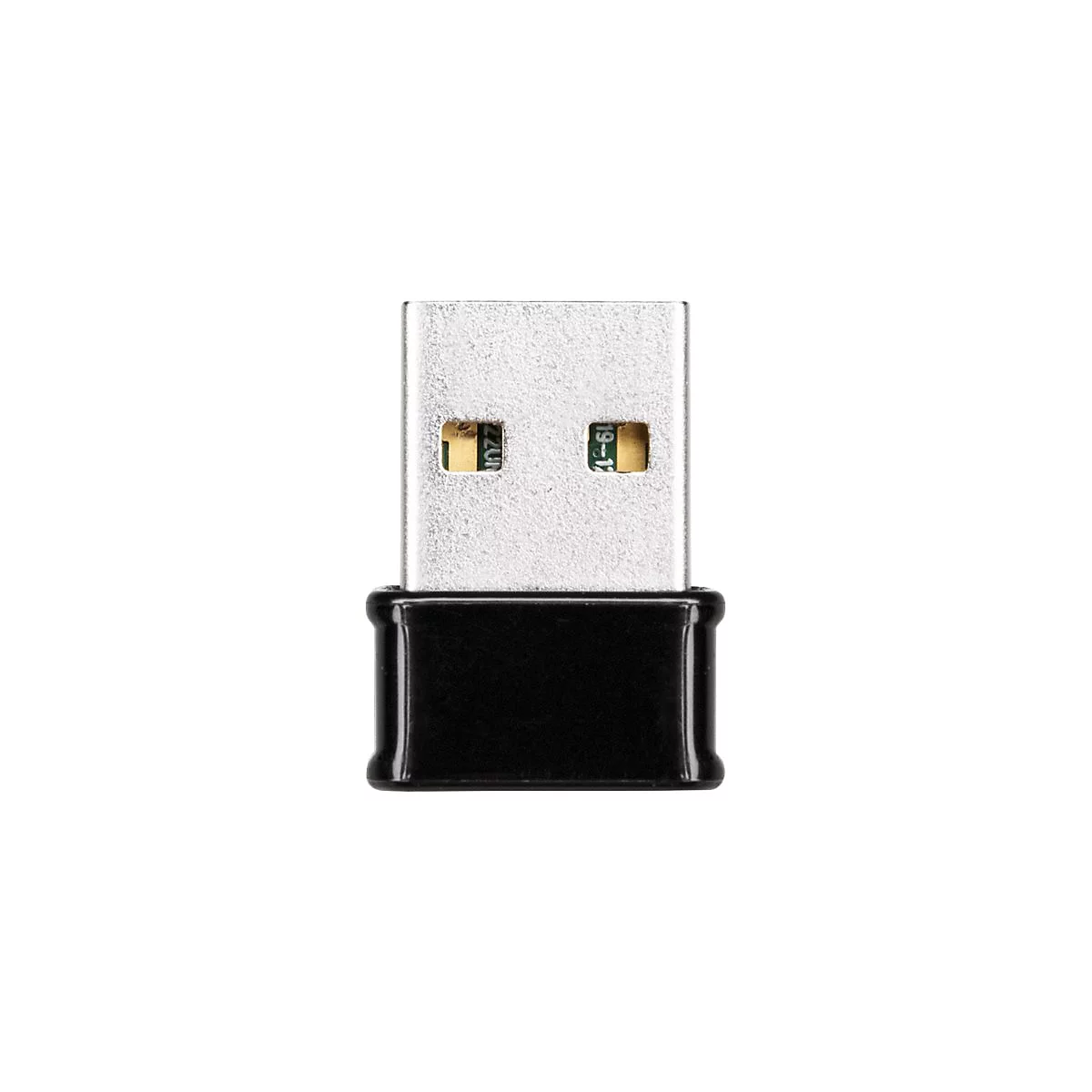 Kompakter, silberner USB-Adapter mit schwarzem Kunststoffgehäuse vor weißem Hintergrund.