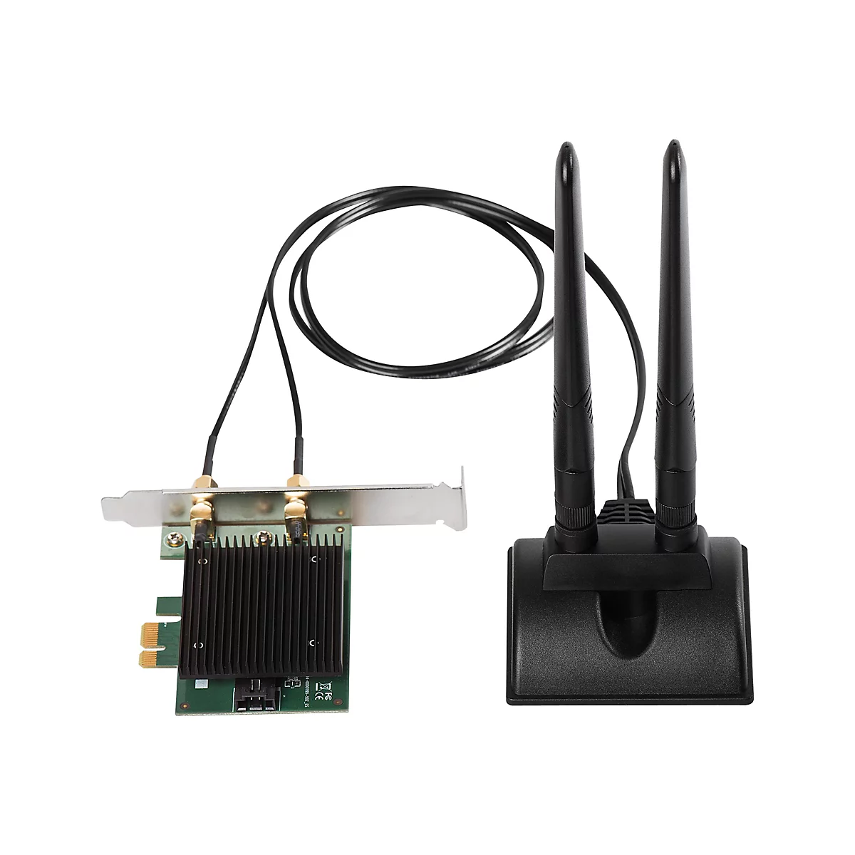 Ein WLAN-Adapter mit zwei Antennen. Schwarze Kabel verbinden die Karte mit den Antennen.