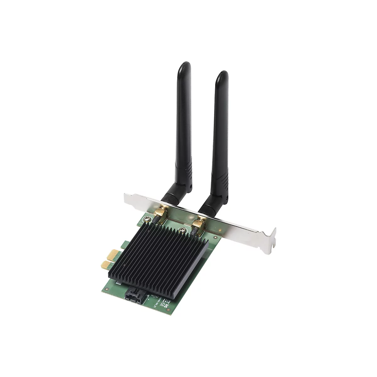WLAN-Karte mit zwei schwarzen Antennen. Auf dem Chip ist ein KÃ¼hlkÃ¶rper montiert.