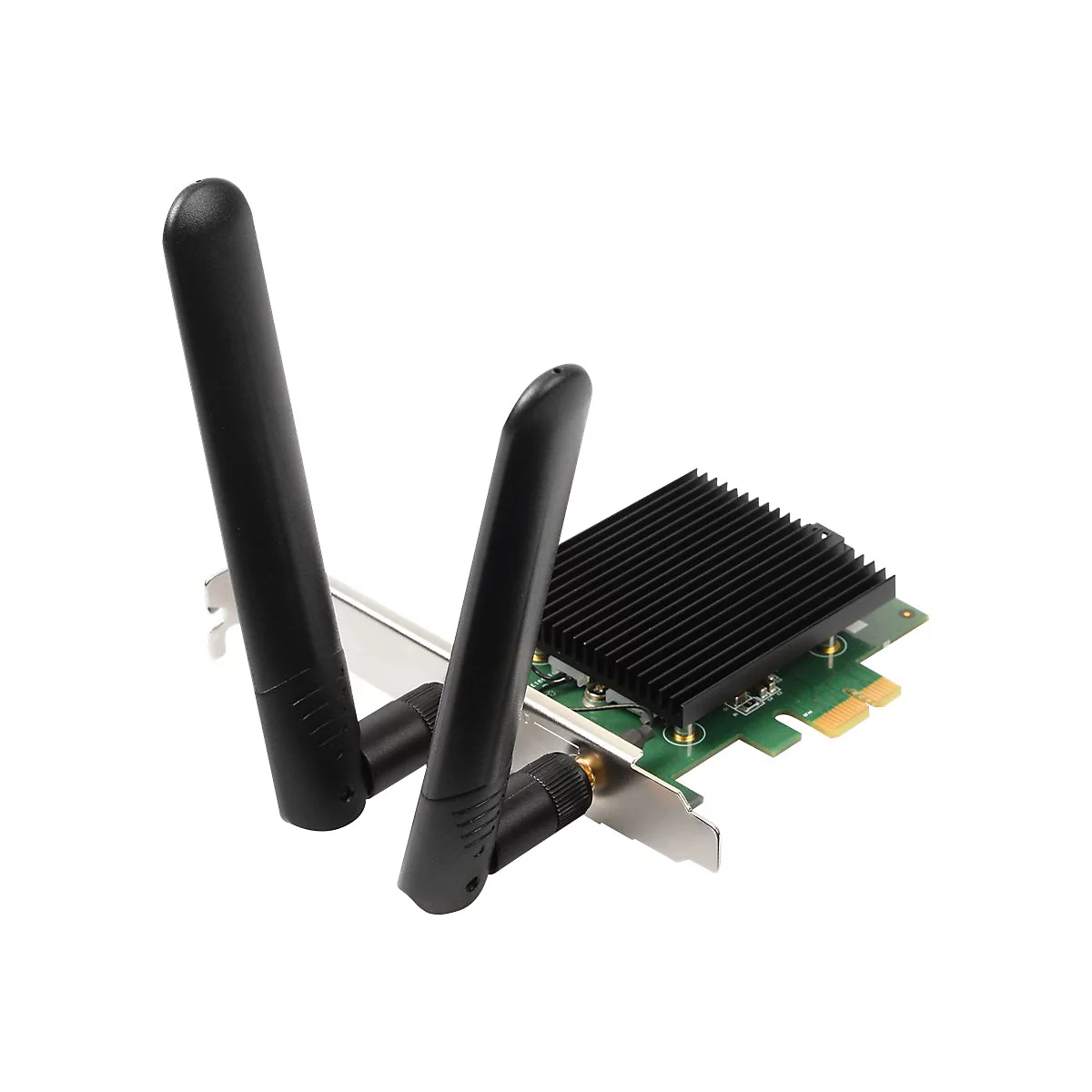 WLAN-Karte mit zwei Antennen und KÃ¼hlkÃ¶rper auf weiÃŸem Hintergrund.